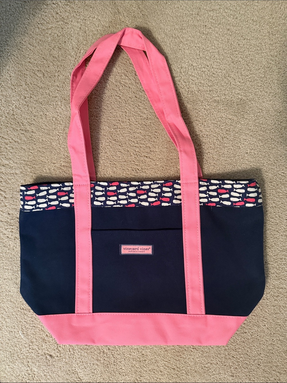 Like New Vineyard Vines Navy and Pink Fish-Accent Canvas Tote